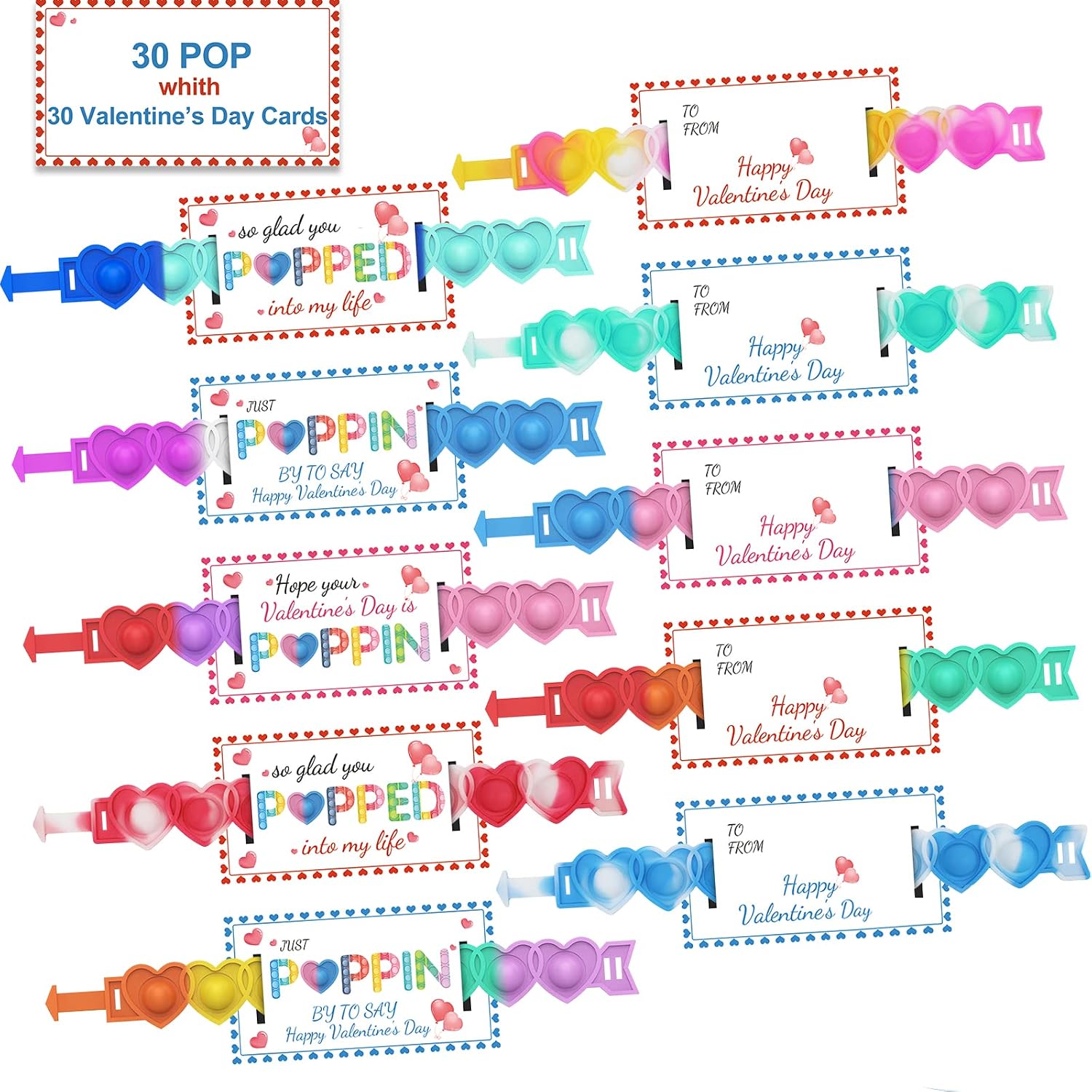 aygxu-30-count-valentines-day-pop-bracelet-card-exchange-set-for-kids-01 Colorful AYGXU heart-shaped pop fidget bracelets displayed with Valentine's Day cards for kids' exchanges.
