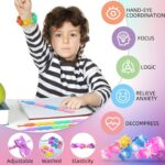 Colorful AYGXU heart-shaped pop fidget bracelets displayed with Valentine's Day cards for kids' exchanges.