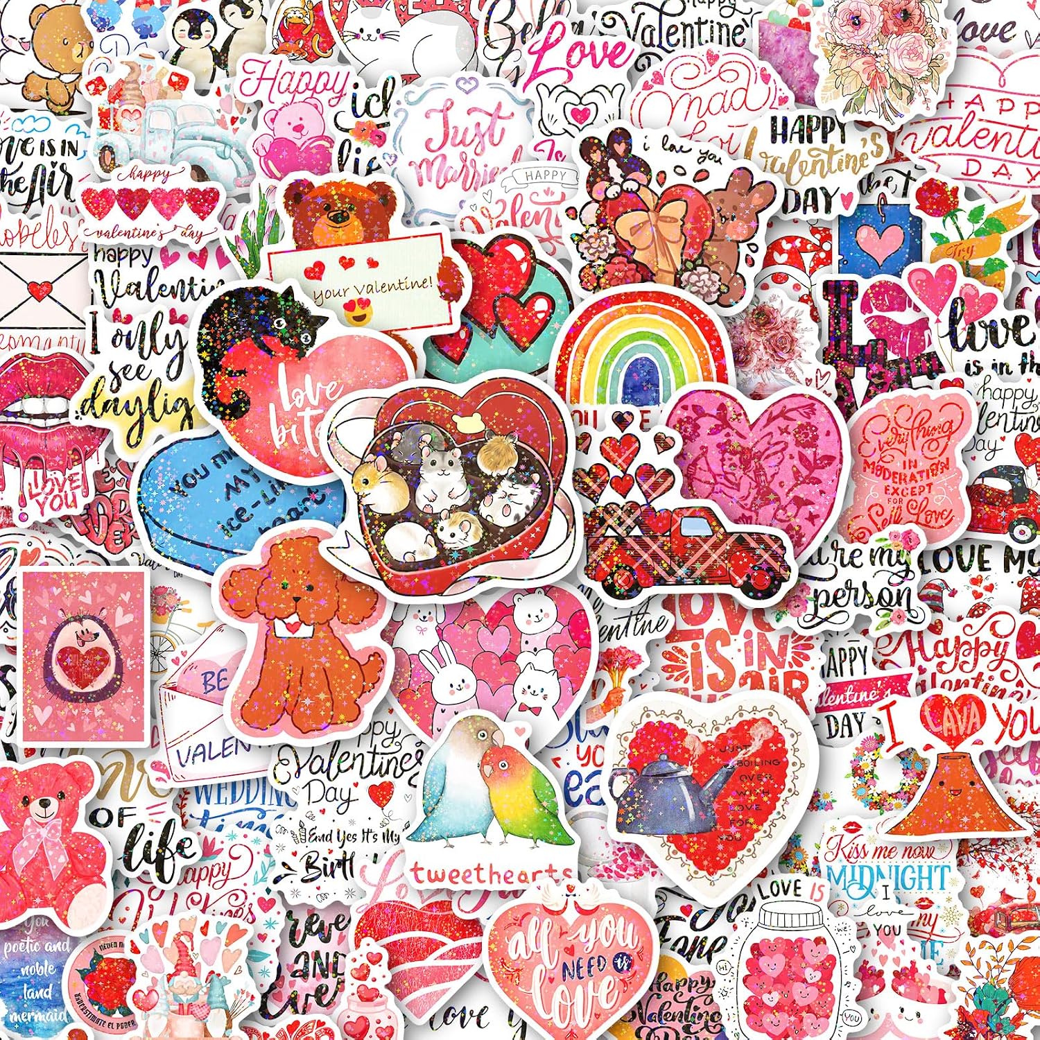 bestiepal-100-count-holographic-valentines-heart-stickers-for-gifts-decor-01 A pile of 100 BestiePal holographic Valentine's Day heart stickers with various romantic messages and patterns, reflecting ra