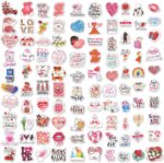 A pile of 100 BestiePal holographic Valentine's Day heart stickers with various romantic messages and patterns, reflecting ra