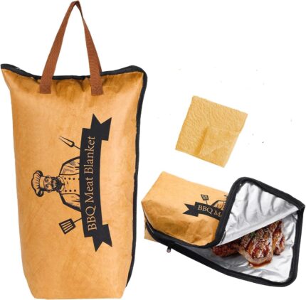 Bright yellow FlameFam BBQ Meat Resting Blanket, large enough for a brisket, shown ready for use.