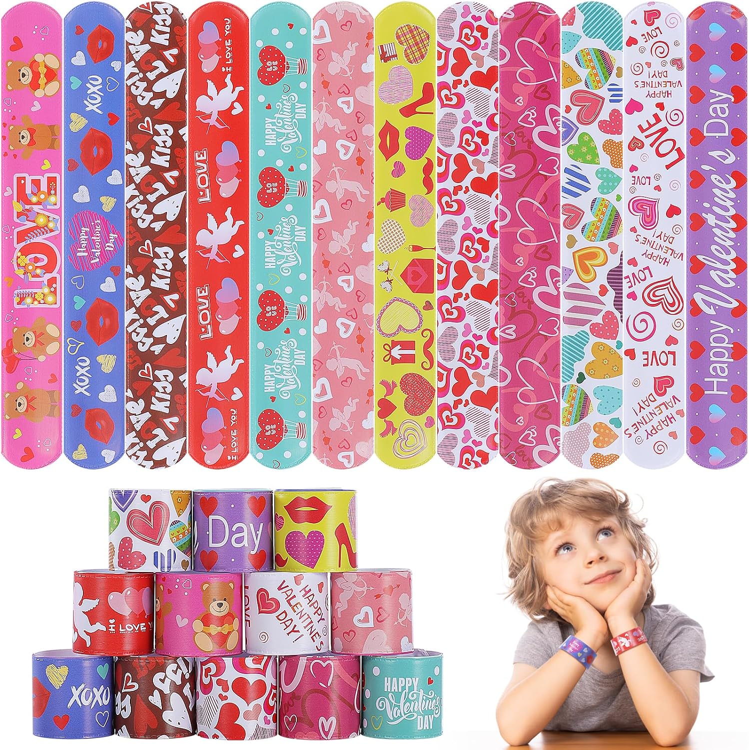 genuvi-36-piece-valentines-day-slap-bracelets-for-kids-party-favors-bulk-pack-01 A collection of 36 Genuvi Valentine's Day slap bracelets in various designs like hearts, cupids, and gift boxes.