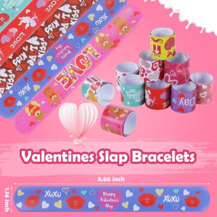 A collection of 36 Genuvi Valentine's Day slap bracelets in various designs like hearts, cupids, and gift boxes.