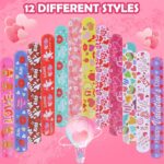 A collection of 36 Genuvi Valentine's Day slap bracelets in various designs like hearts, cupids, and gift boxes.