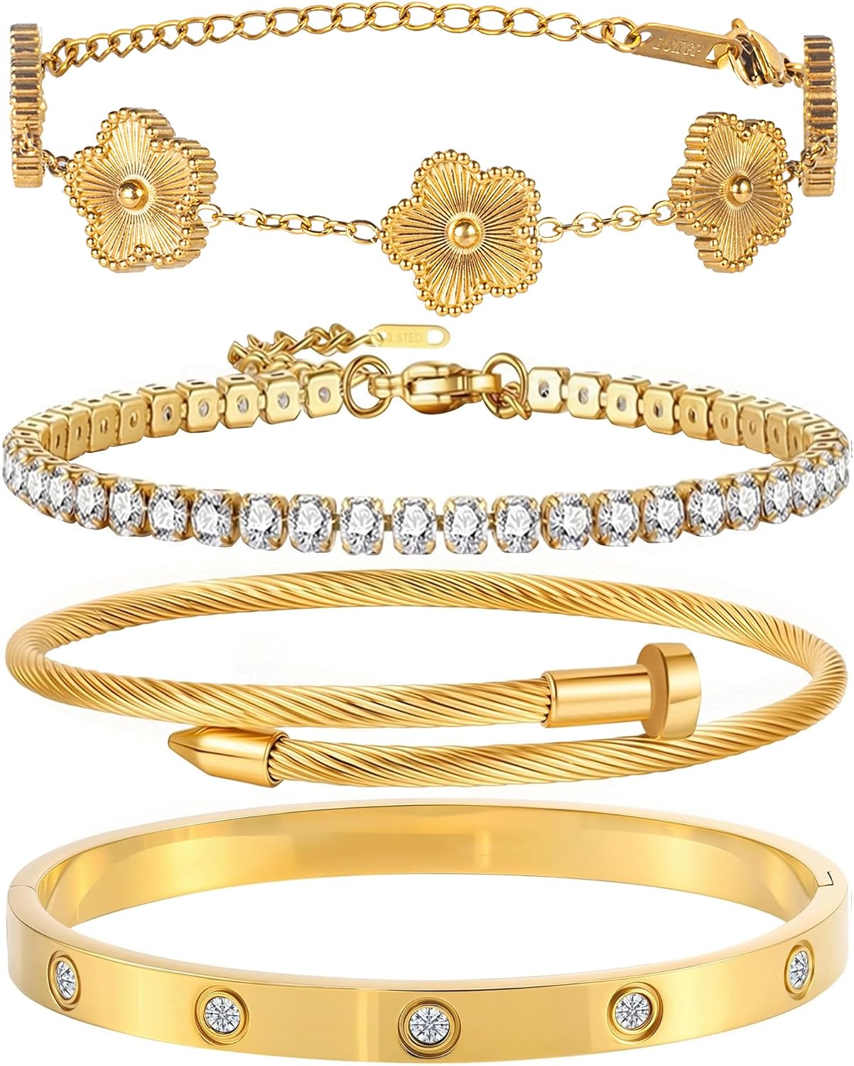 givcho-18k-gold-plated-stackable-bangle-bracelets-set-with-cz-4-count-01 Close-up of four GIVCHO 18K gold plated bangle bracelets with colorless cubic zirconia stones, stacked on a wrist.