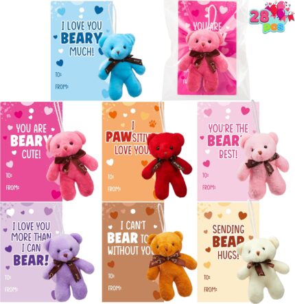 A collection of 28 mini plush bear toys in red, pink, and white, each paired with a unique Valentine's Day card.