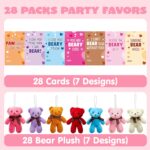A collection of 28 mini plush bear toys in red, pink, and white, each paired with a unique Valentine's Day card.