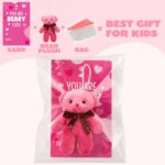 A collection of 28 mini plush bear toys in red, pink, and white, each paired with a unique Valentine's Day card.