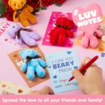A collection of 28 mini plush bear toys in red, pink, and white, each paired with a unique Valentine's Day card.