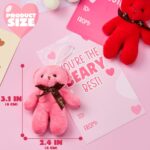 A collection of 28 mini plush bear toys in red, pink, and white, each paired with a unique Valentine's Day card.