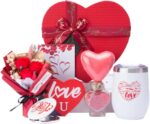 Red heart-shaped gift box open to reveal a 12 oz insulated tumbler, bath bomb, mirror, soap roses, and other spa items.