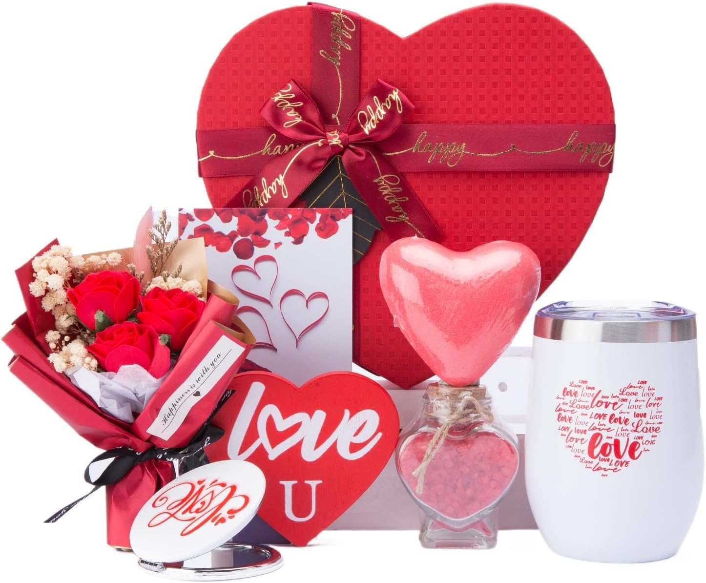 joyofun-red-heart-shaped-rose-spa-gift-box-for-women-12-oz-tumbler-set-01 Red heart-shaped gift box open to reveal a 12 oz insulated tumbler, bath bomb, mirror, soap roses, and other spa items.