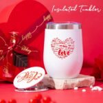 Red heart-shaped gift box open to reveal a 12 oz insulated tumbler, bath bomb, mirror, soap roses, and other spa items.