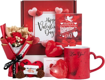 A JOYOFUN Red Rose & Heart Love You Mug Gift Set, featuring a magic coffee mug, red soap roses, a scented candle, and heart o