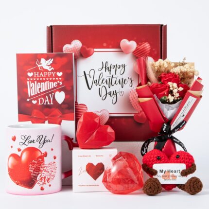 A JOYOFUN Red Rose & Heart Love You Mug Gift Set, featuring a magic coffee mug, red soap roses, a scented candle, and heart o