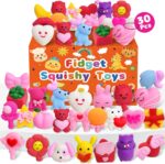 A collection of 30 individually packaged Kidific Valentine's squishy toys, including hearts, bears, peaches, and flowers.