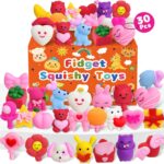 A collection of 30 individually packaged Kidific Valentine's squishy toys, including hearts, bears, peaches, and flowers.