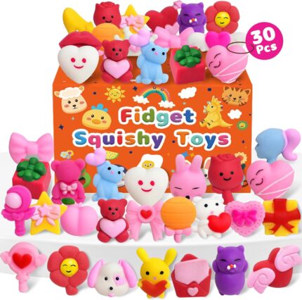 A collection of 30 individually packaged Kidific Valentine's squishy toys, including hearts, bears, peaches, and flowers.