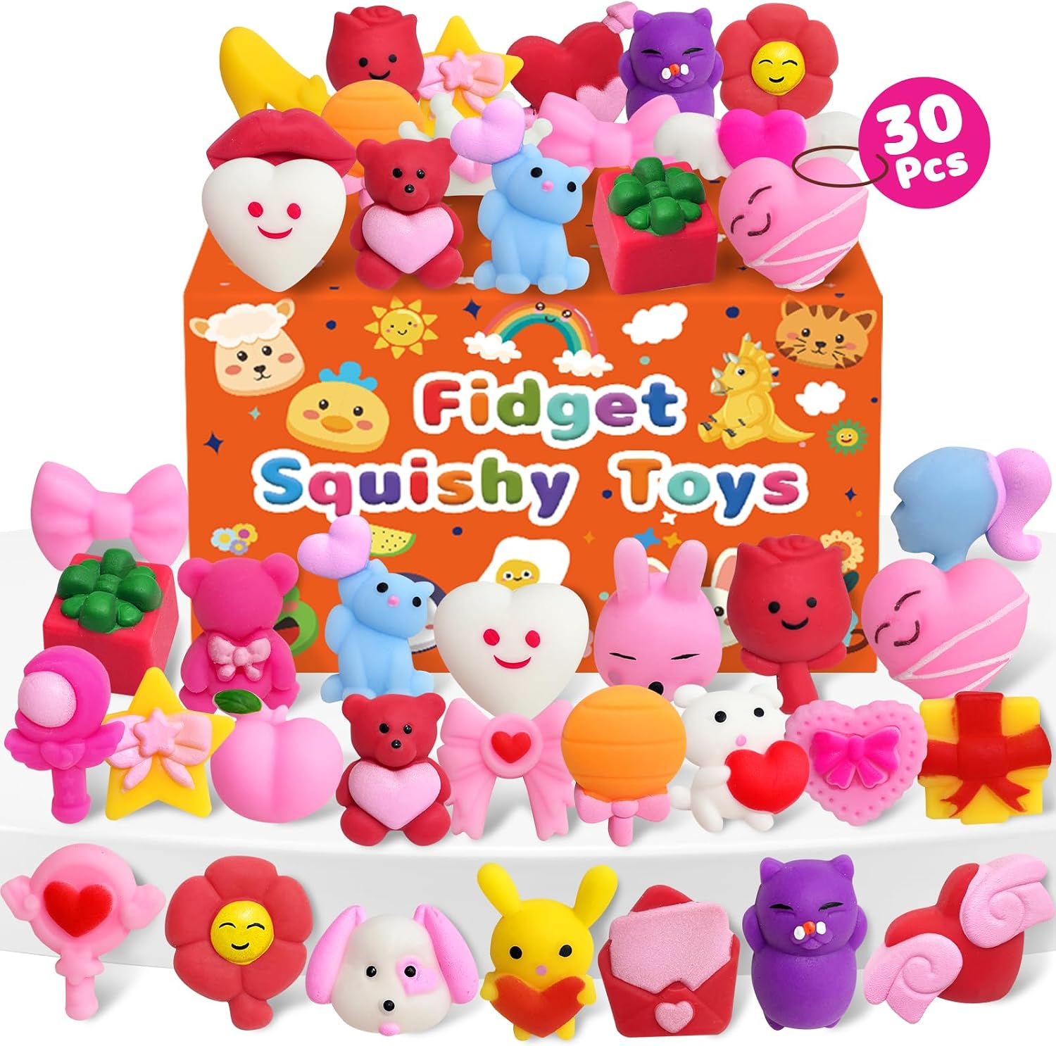 kidific-30-piece-valentines-day-squishy-toys-for-kids-classroom-exchange-01 A collection of 30 individually packaged Kidific Valentine's squishy toys, including hearts, bears, peaches, and flowers.