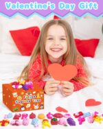 A collection of 30 individually packaged Kidific Valentine's squishy toys, including hearts, bears, peaches, and flowers.