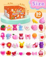 A collection of 30 individually packaged Kidific Valentine's squishy toys, including hearts, bears, peaches, and flowers.