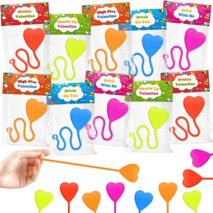 A colorful assortment of 28 heart-shaped sticky hands in red, orange, blue, green, and rose, each with a matching Valentine's