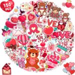 A colorful assortment of 150 LINAYE Valentine's Day vinyl stickers featuring hearts, bears, and 'LOVE' designs.