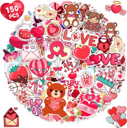 A colorful assortment of 150 LINAYE Valentine's Day vinyl stickers featuring hearts, bears, and 'LOVE' designs.
