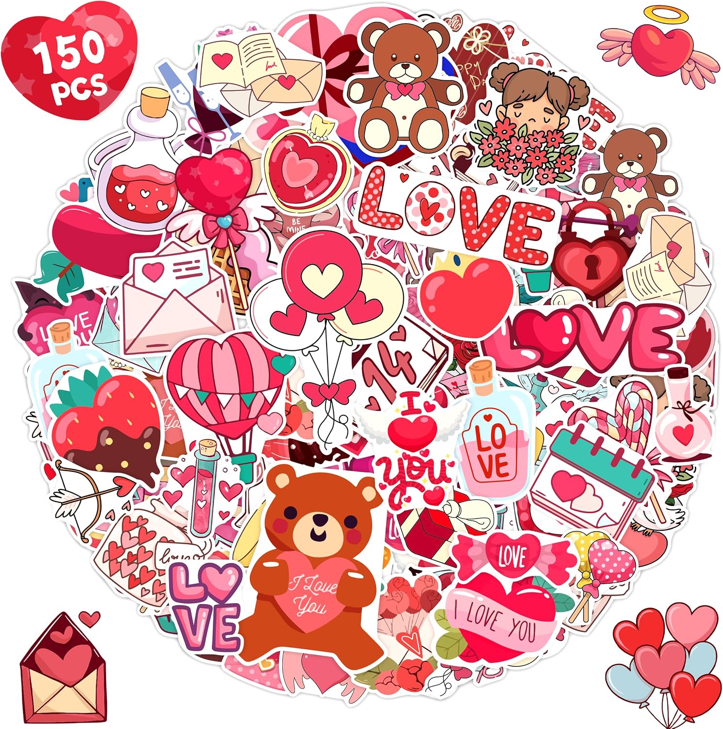 linaye-150-piece-valentines-day-heart-stickers-for-kids-teens-01 A colorful assortment of 150 LINAYE Valentine's Day vinyl stickers featuring hearts, bears, and 'LOVE' designs.