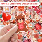 A colorful assortment of 150 LINAYE Valentine's Day vinyl stickers featuring hearts, bears, and 'LOVE' designs.