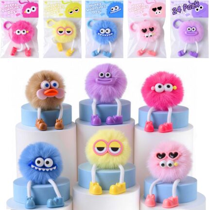 A colorful assortment of 24 LinkCute plush keychains and Valentine's Day cards, individually packaged for gifting.