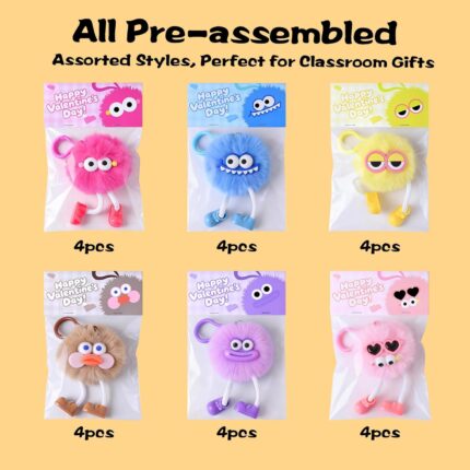 A colorful assortment of 24 LinkCute plush keychains and Valentine's Day cards, individually packaged for gifting.