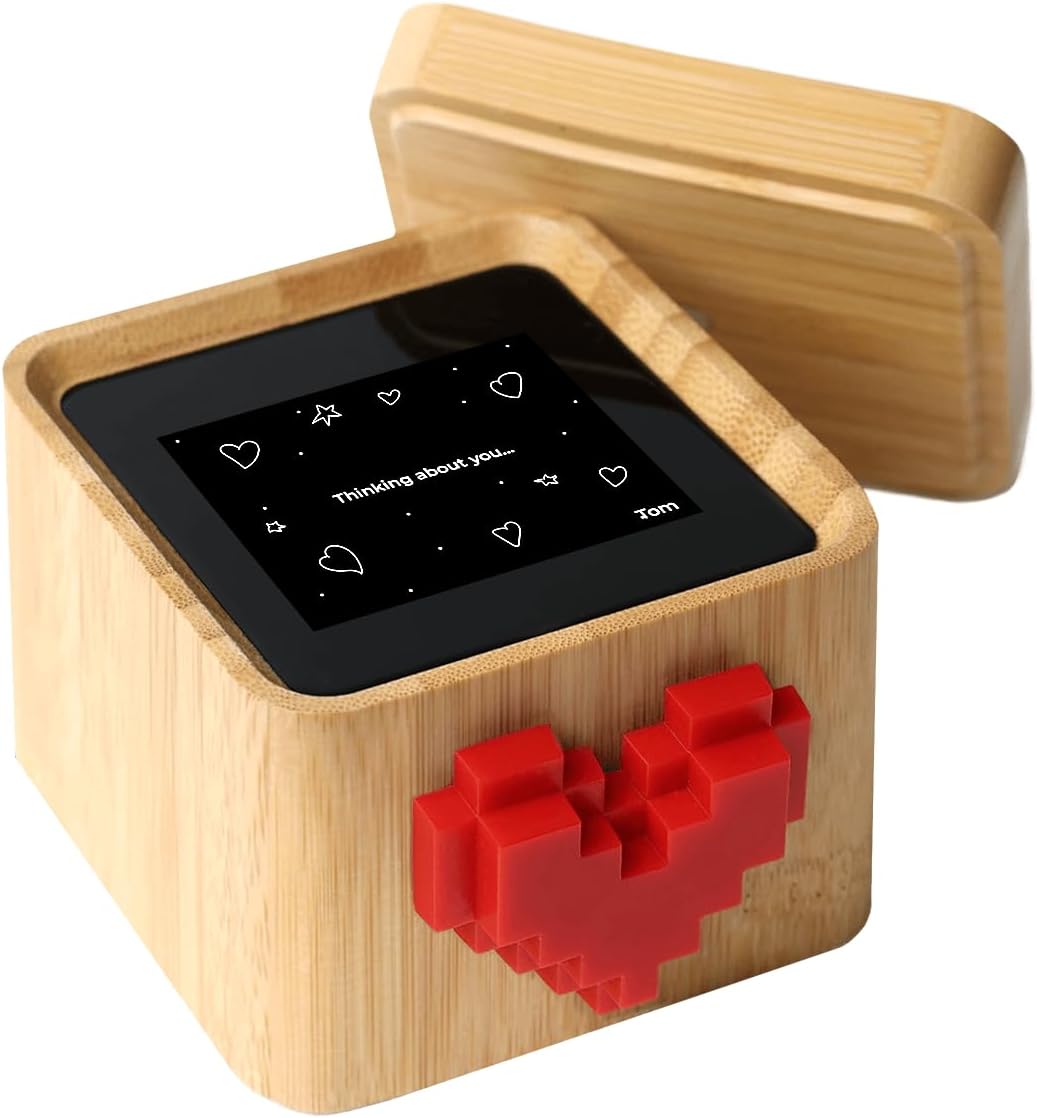 lovebox-black-white-love-note-messenger-with-spinning-heart-01 Lovebox Black & White Love Note Messenger with a red pixel heart spinning on the front, made of wood.