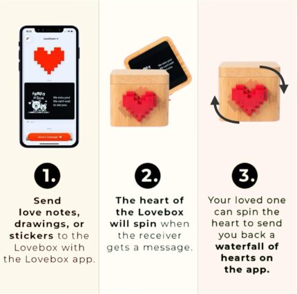 Lovebox Black & White Love Note Messenger with a red pixel heart spinning on the front, made of wood.