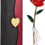 A single MNIEYU 24K gold dipped red rose standing upright on a clear display stand, inside an elegant gift box.