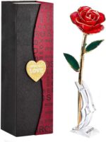 A single MNIEYU 24K gold dipped red rose standing upright on a clear display stand, inside an elegant gift box.