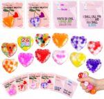 A pile of 24 small, colorful Valentines-themed squishy stress balls featuring various designs like hearts and cute characters