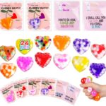 A pile of 24 small, colorful Valentines-themed squishy stress balls featuring various designs like hearts and cute characters