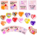 A pile of 24 small, colorful Valentines-themed squishy stress balls featuring various designs like hearts and cute characters