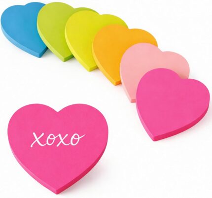 A stack of multicolor OHOME heart sticky notes, showcasing dark blue, light pink, neon green, orange, bright green, and hot p