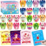 A collection of 24 multicolor axolotl squishy toys with small Valentine's Day gift cards.