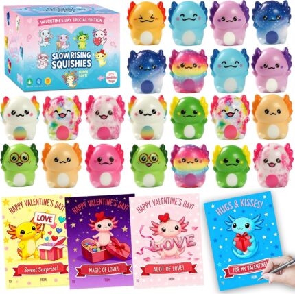 A collection of 24 multicolor axolotl squishy toys with small Valentine's Day gift cards.