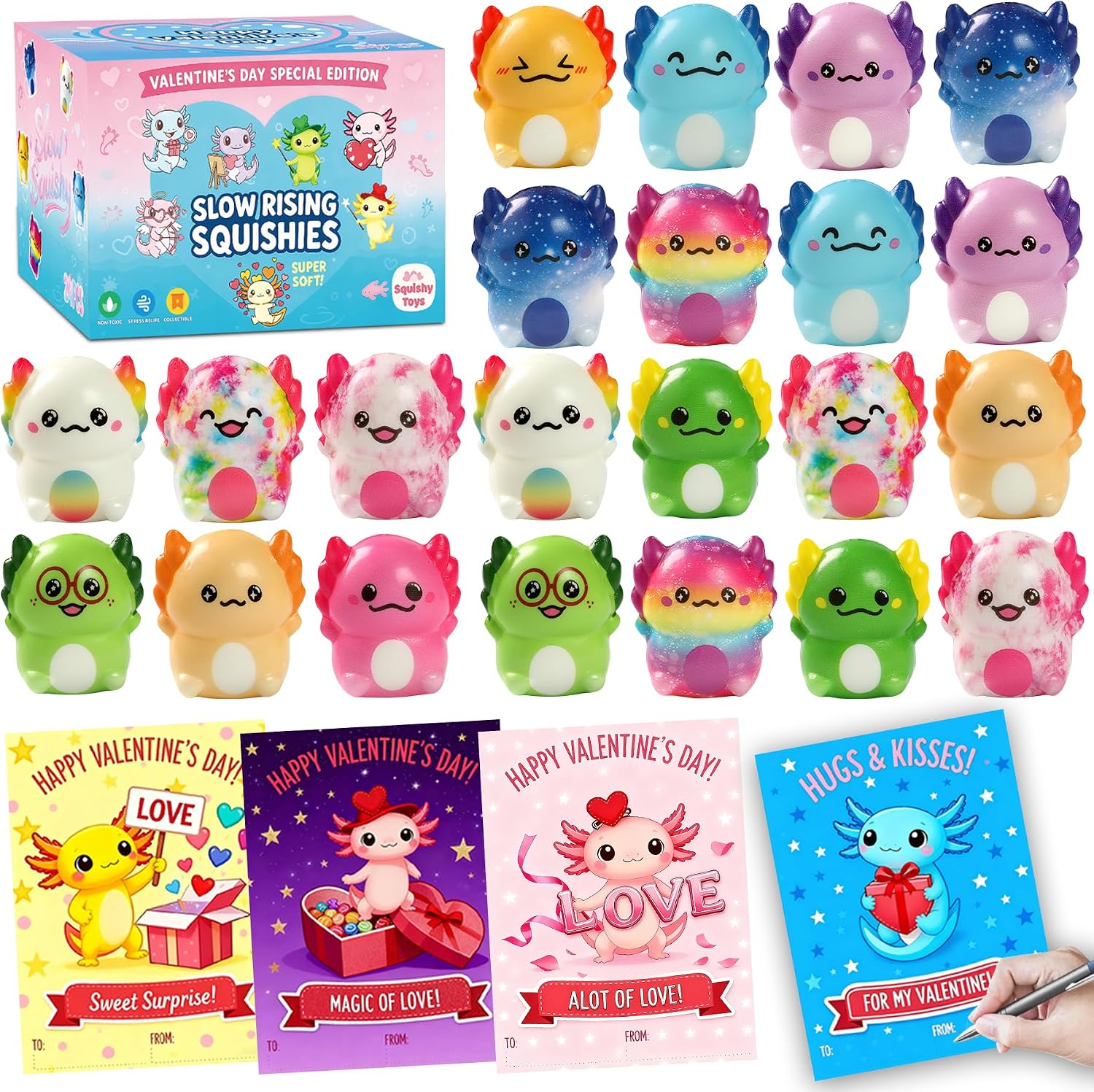 oimjxdk-24-count-valentines-axolotl-squishy-toys-with-gift-cards-01 A collection of 24 multicolor axolotl squishy toys with small Valentine's Day gift cards.