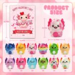 A collection of 24 multicolor axolotl squishy toys with small Valentine's Day gift cards.