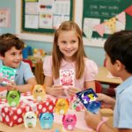 A collection of 24 multicolor axolotl squishy toys with small Valentine's Day gift cards.