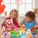 A collection of 24 multicolor axolotl squishy toys with small Valentine's Day gift cards.