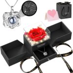 Qnxoat r preserved red rose necklace with a heart pendant that projects "I Love You" inside a light-up gift box.