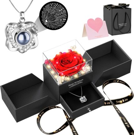 Qnxoat r preserved red rose necklace with a heart pendant that projects "I Love You" inside a light-up gift box.