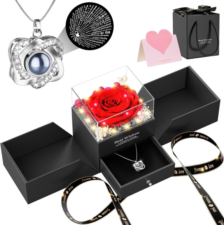 Qnxoat r Preserved Red Rose Necklace with "I Love You" Heart Pendant