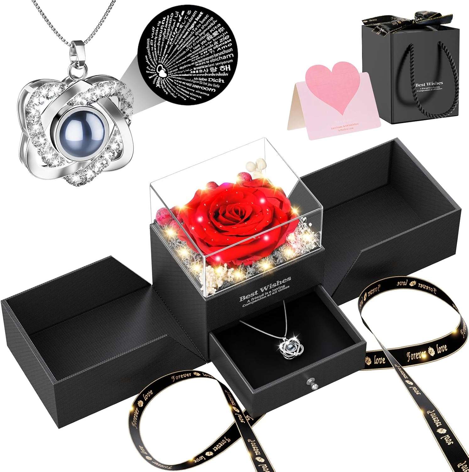 qnxoat-r-preserved-red-rose-necklace-with-i-love-you-heart-pendant-01 Qnxoat r preserved red rose necklace with a heart pendant that projects "I Love You" inside a light-up gift box.